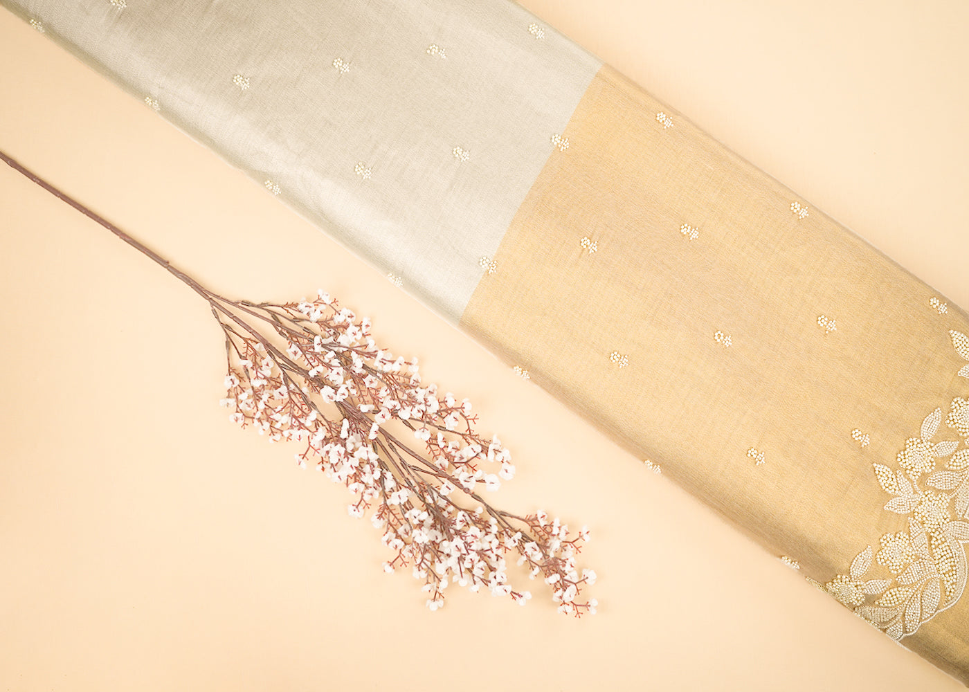 Golden And Silver Tissue Fabric With All Over Buti Of Bead And Pearl Work With One Side Border 22335