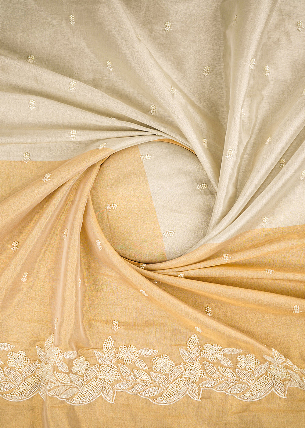 Golden And Silver Tissue Fabric With All Over Buti Of Bead And Pearl Work With One Side Border 22335