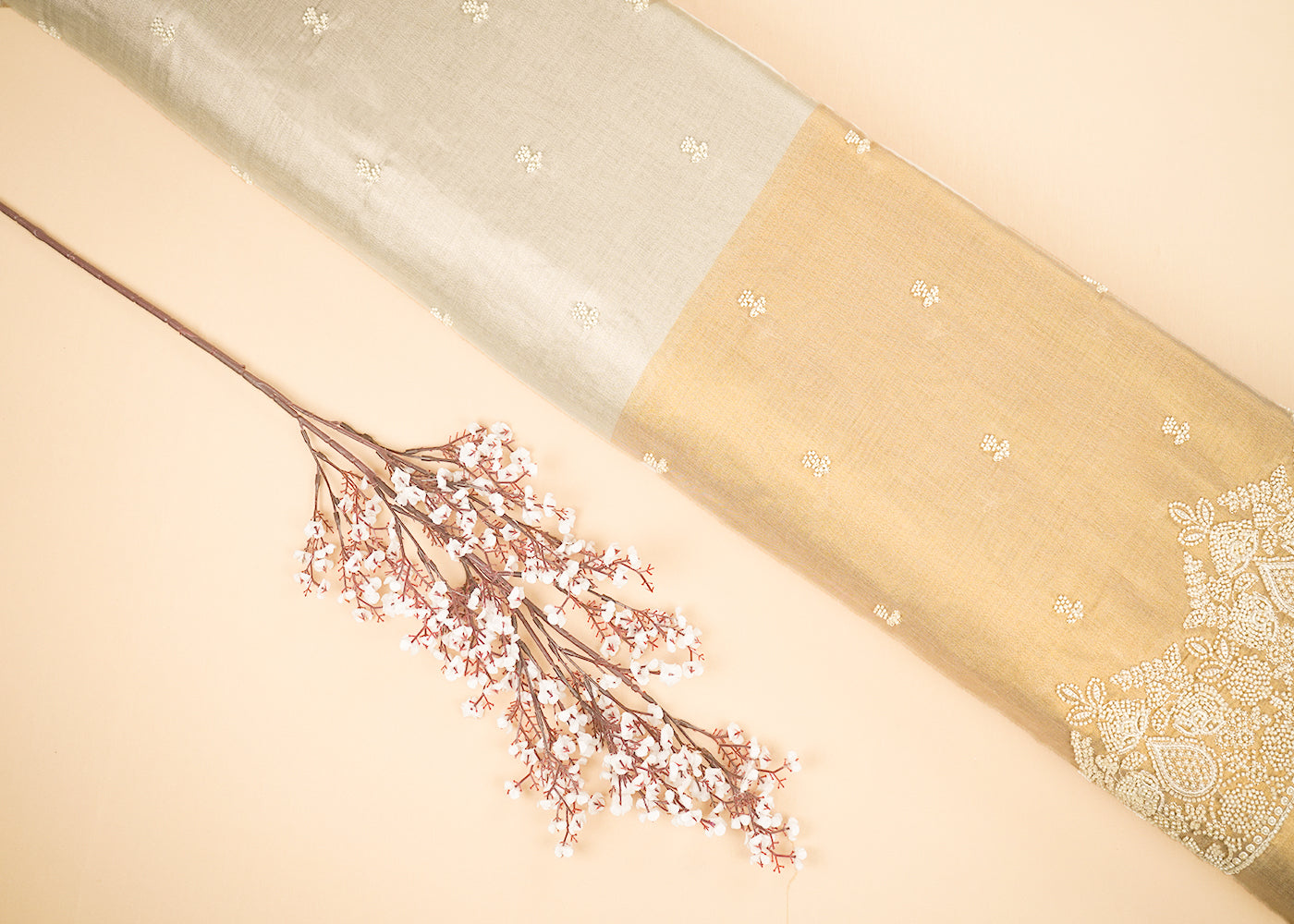 Golden And Silver Tissue Fabric With All Over Buti Of Bead And Pearl Work With One Side Border 22336