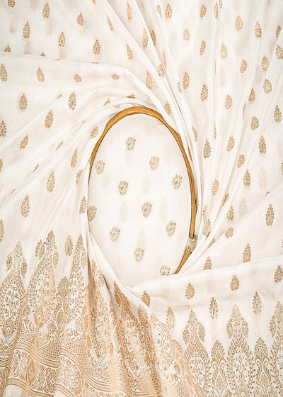 White Dyeable Silk Fabric With All Over Zari Handloom With One Side Border 22337