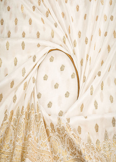 White Dyeable Silk Fabric With All Over Zari Handloom With One Side Border 22338