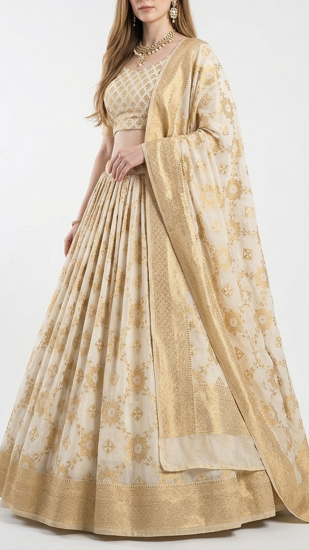 White Dyeable Georgette Fabric With All Over Zari Handloom With One Side Border 22339
