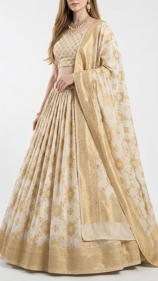 White Dyeable Georgette Fabric With All Over Zari Handloom With One Side Border 22339