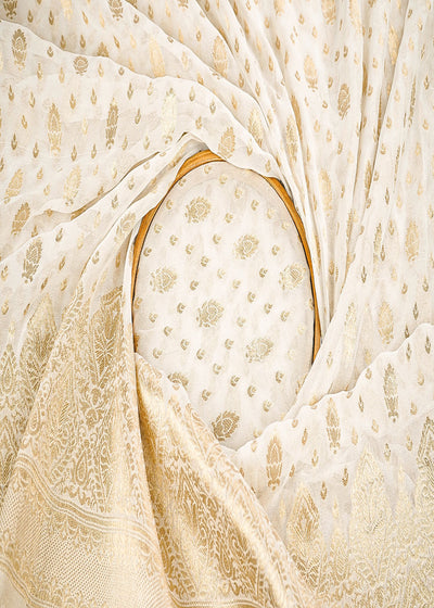 White Dyeable Georgette Fabric With All Over Zari Handloom With One Side Border 22342