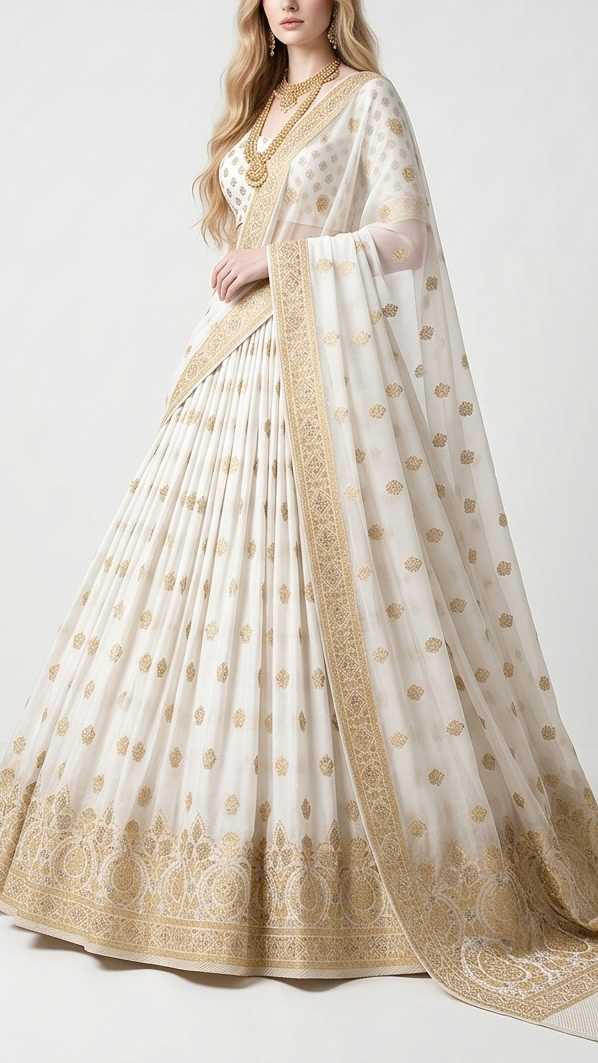 White Dyeable Georgette Fabric With All Over Buti Of Zari Handloom With One Side Border 22343