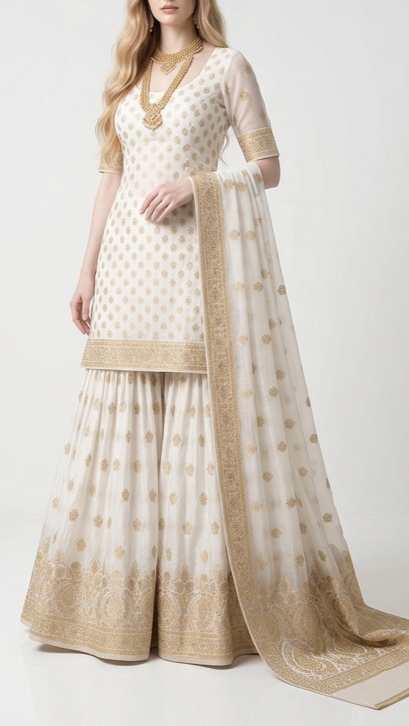 White Dyeable Georgette Fabric With All Over Buti Of Zari Handloom With One Side Border 22343