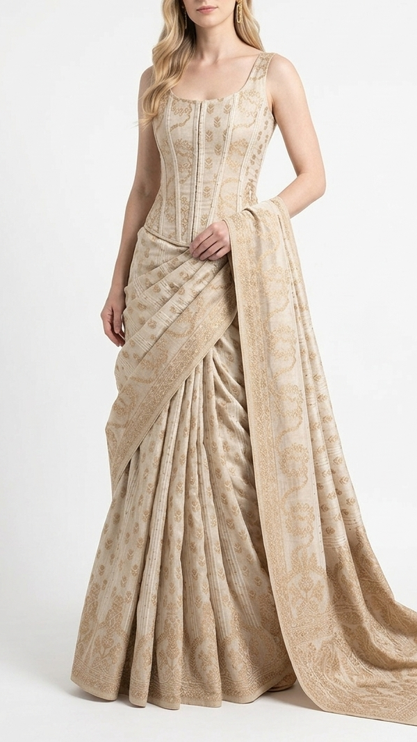 White Dyeable Georgette Fabric With All Over Thread, Sequins And Zari Handloom With One Side Border 22347