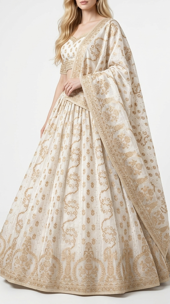 White Dyeable Georgette Fabric With All Over Thread, Sequins And Zari Handloom With One Side Border 22347