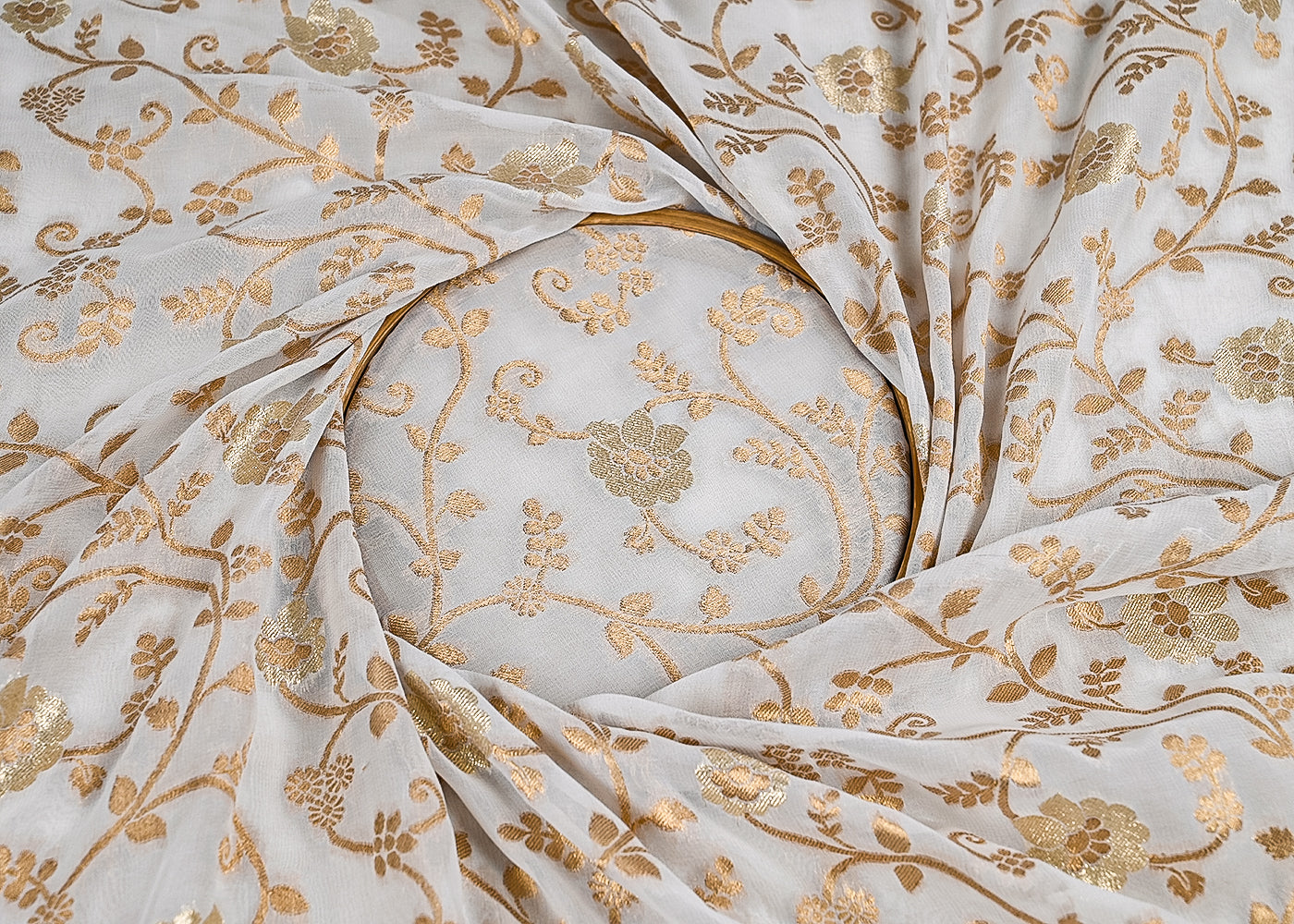 White Dyeable Georgette Fabric With All Over Golden Zari Handloom 22349
