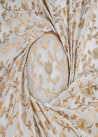 White Dyeable Georgette Fabric With All Over Golden Zari Handloom 22349
