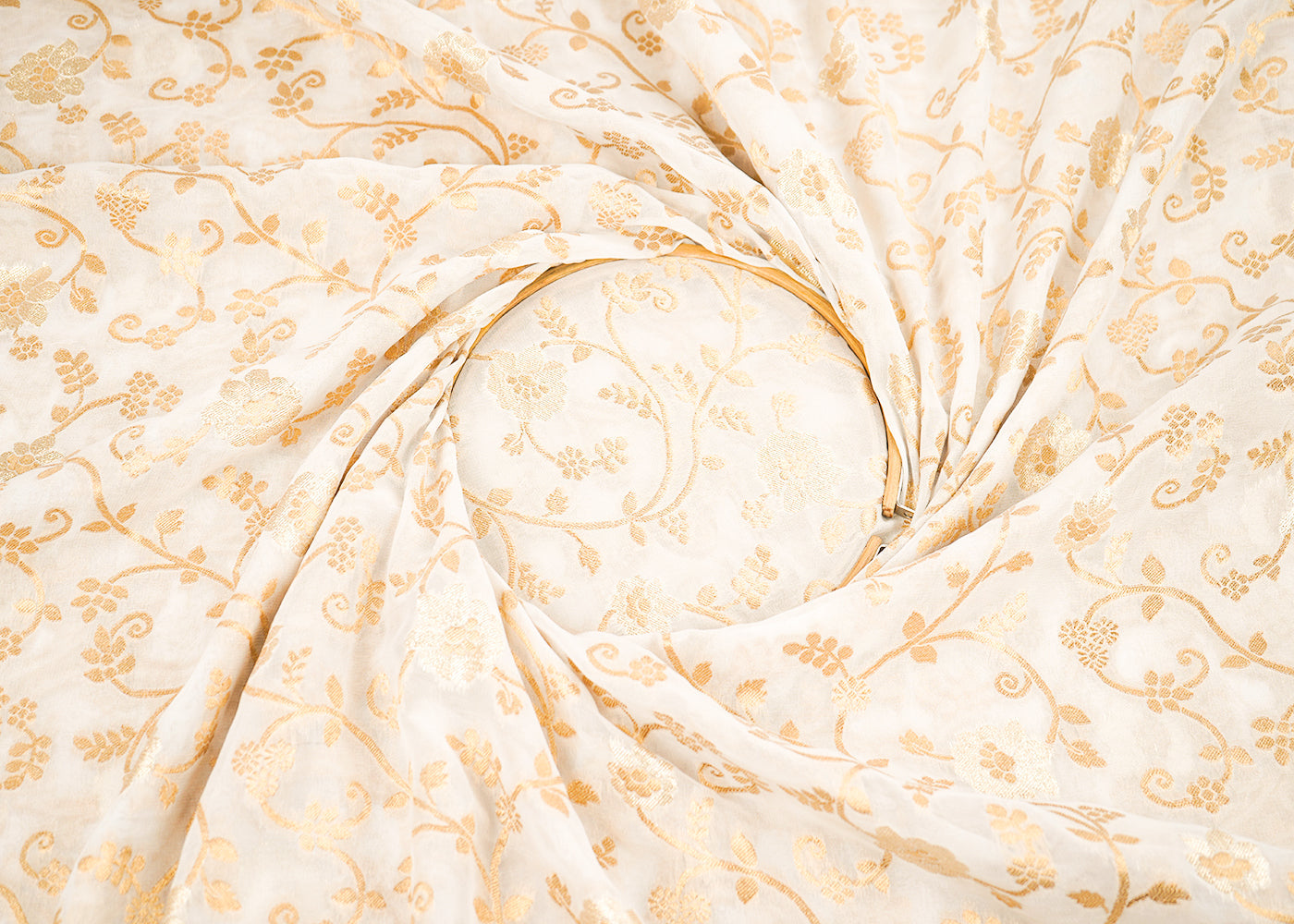 White Dyeable Georgette Fabric With All Over Golden Zari Handloom 22349