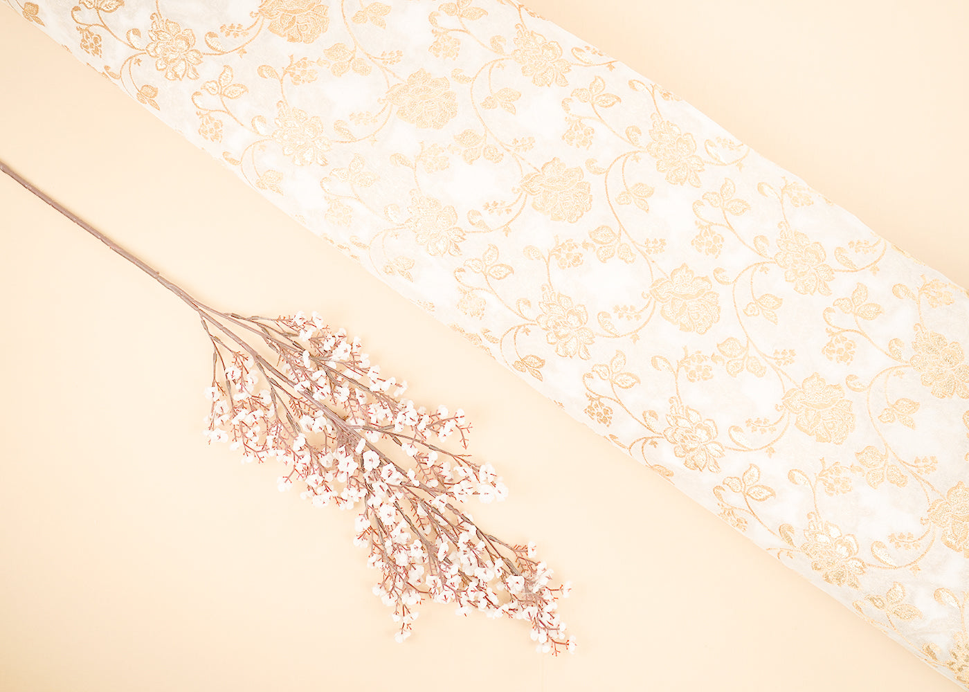 White Dyeable Georgette Fabric With All Over Golden Zari Handloom 22351