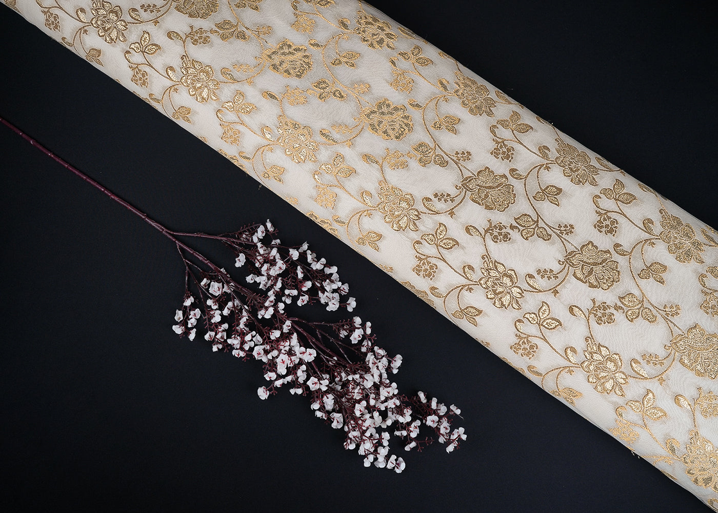 White Dyeable Georgette Fabric With All Over Golden Zari Handloom 22351