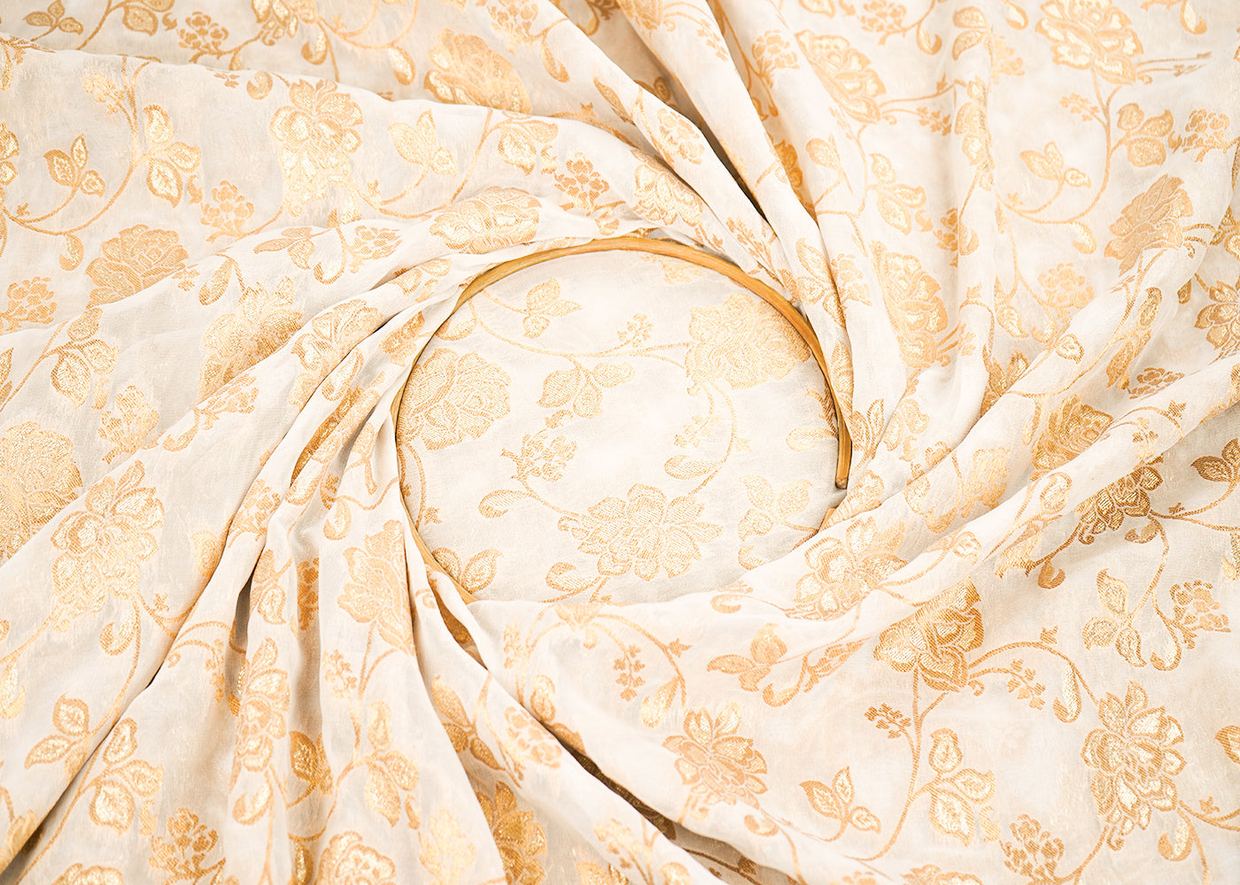 White Dyeable Georgette Fabric With All Over Golden Zari Handloom 22351