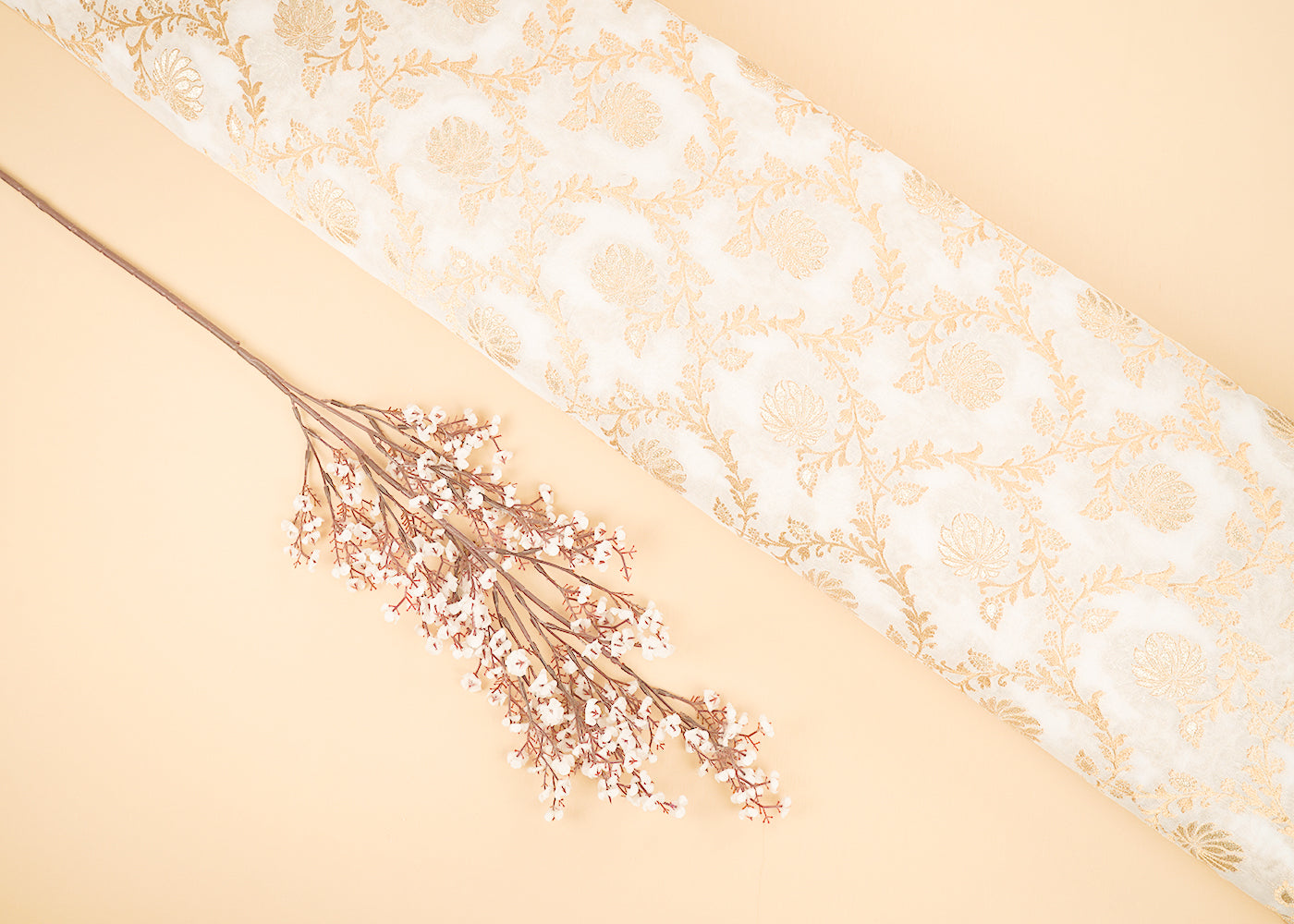 White Dyeable Georgette Fabric With All Over Golden Zari Handloom 22353