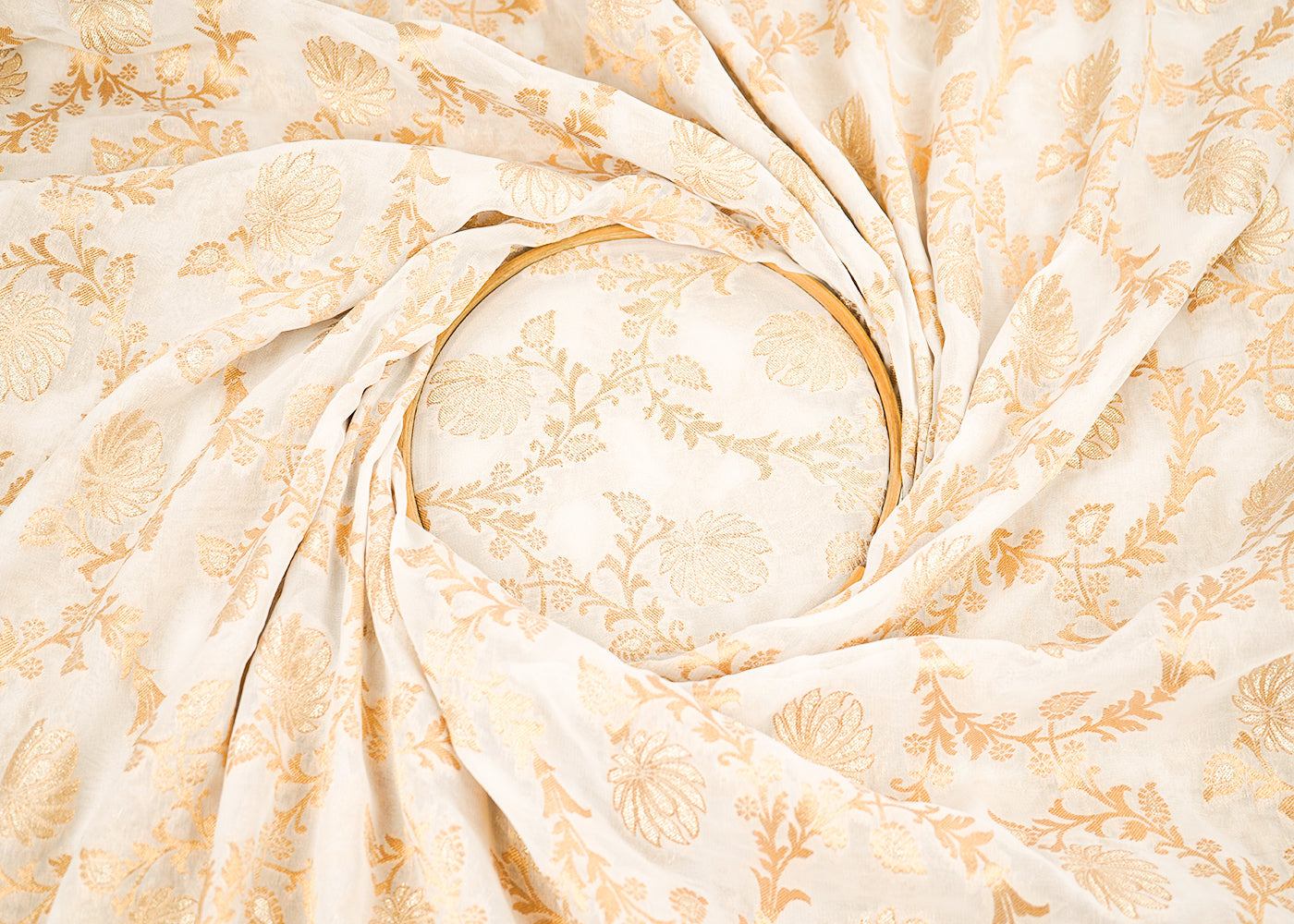 White Dyeable Georgette Fabric With All Over Golden Zari Handloom 22353