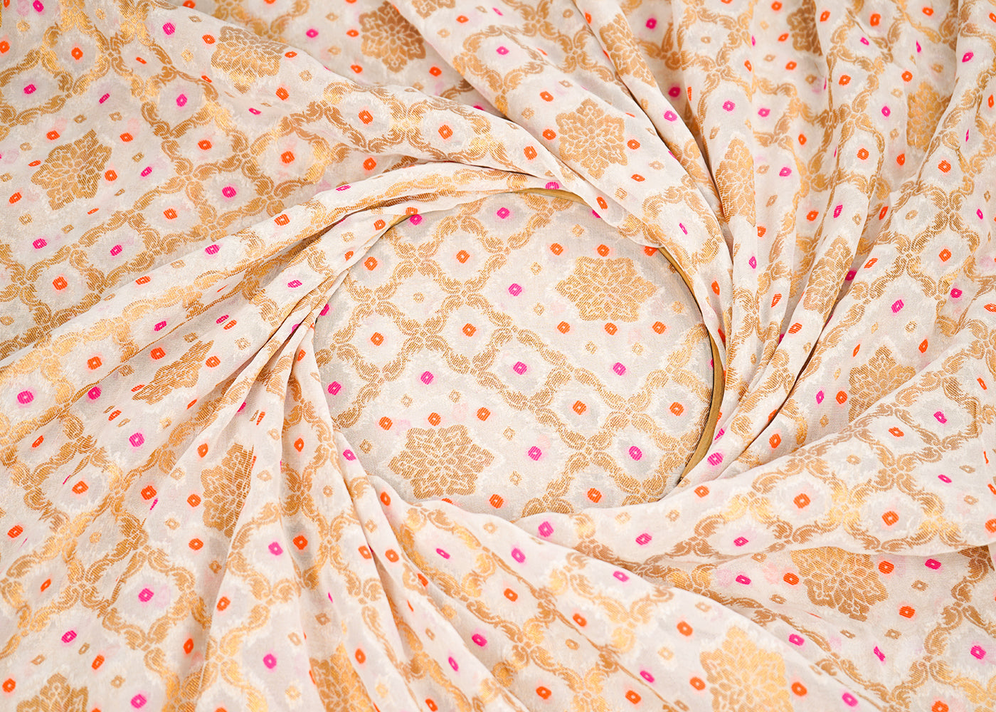 White Dyeable Georgette Fabric With All Over Bandhani Print And Golden Zari Handloom 22356