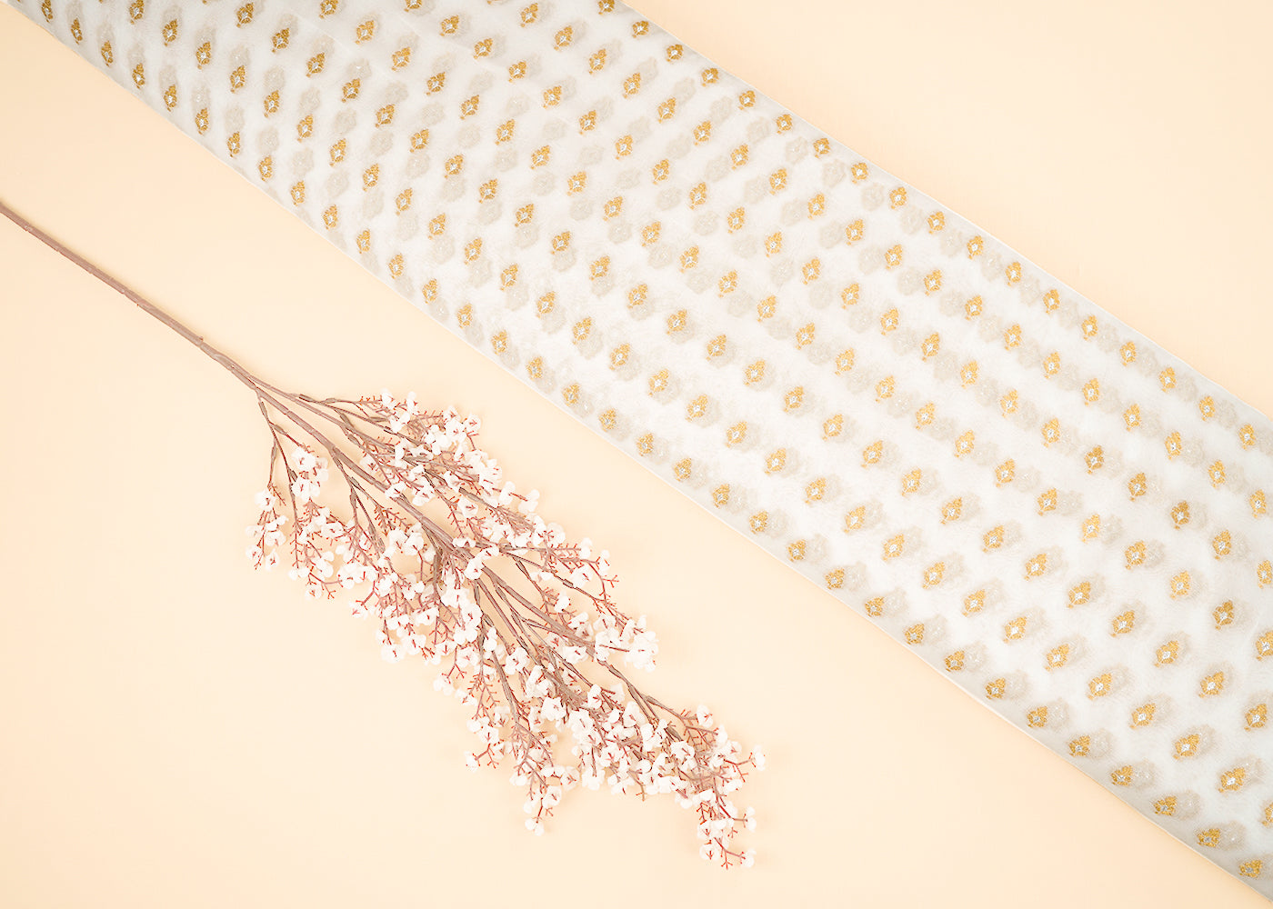 White Dyeable Georgette Fabric With All Over Golden Zari Handloom 22358