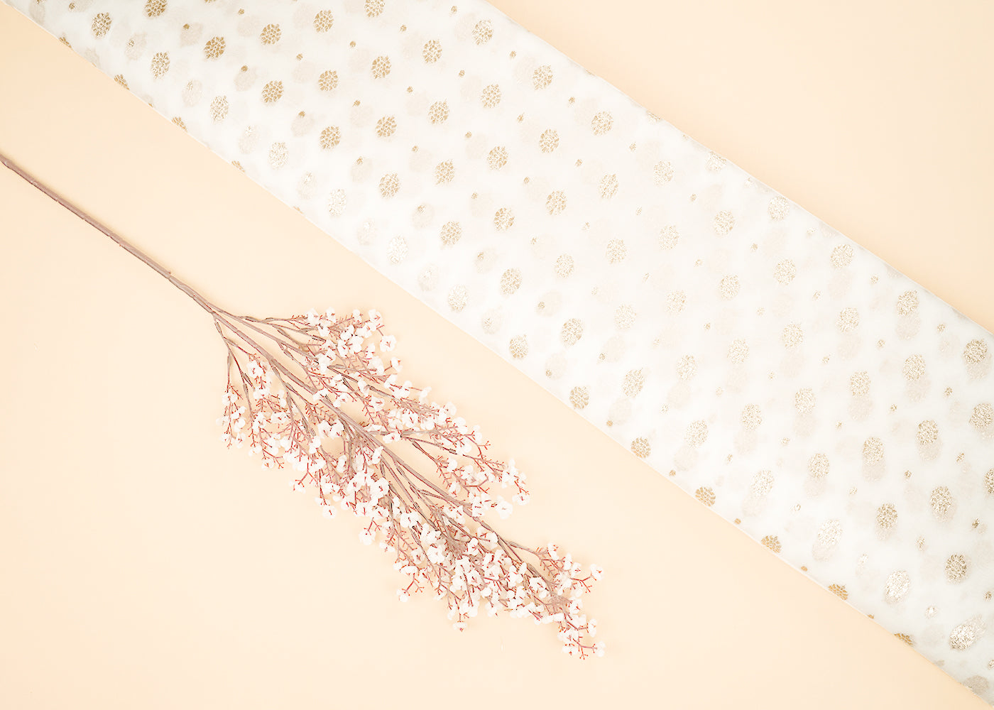 White Dyeable Georgette Fabric With All Over Buti Of Golden Zari Handloom 22359