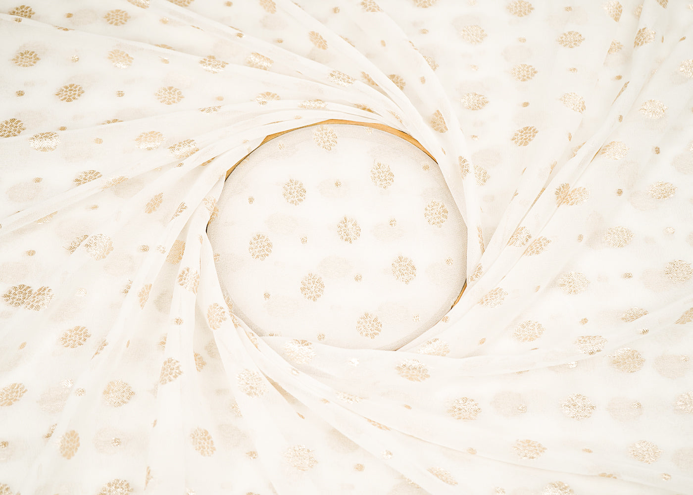 White Dyeable Georgette Fabric With All Over Buti Of Golden Zari Handloom 22359