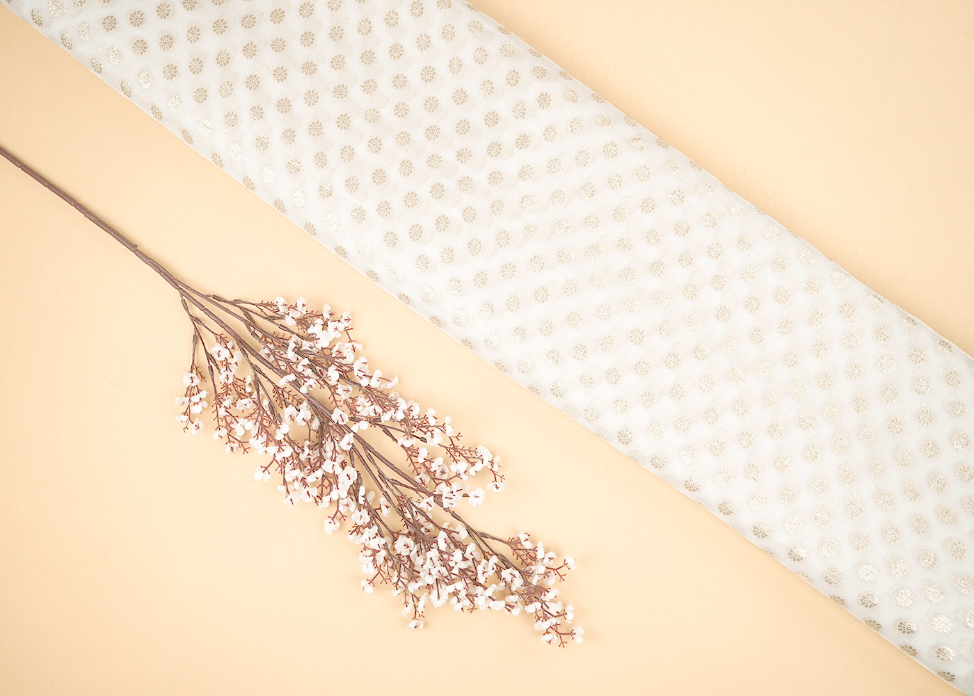 White Dyeable Georgette Fabric With All Over Golden Zari Handloom 22361