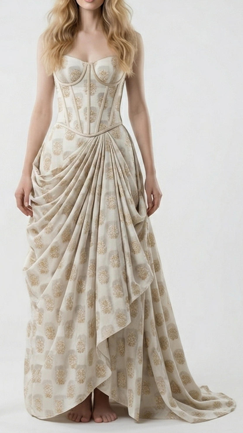 White Dyeable Georgette Fabric With All Over Golden Zari Handloom 22362