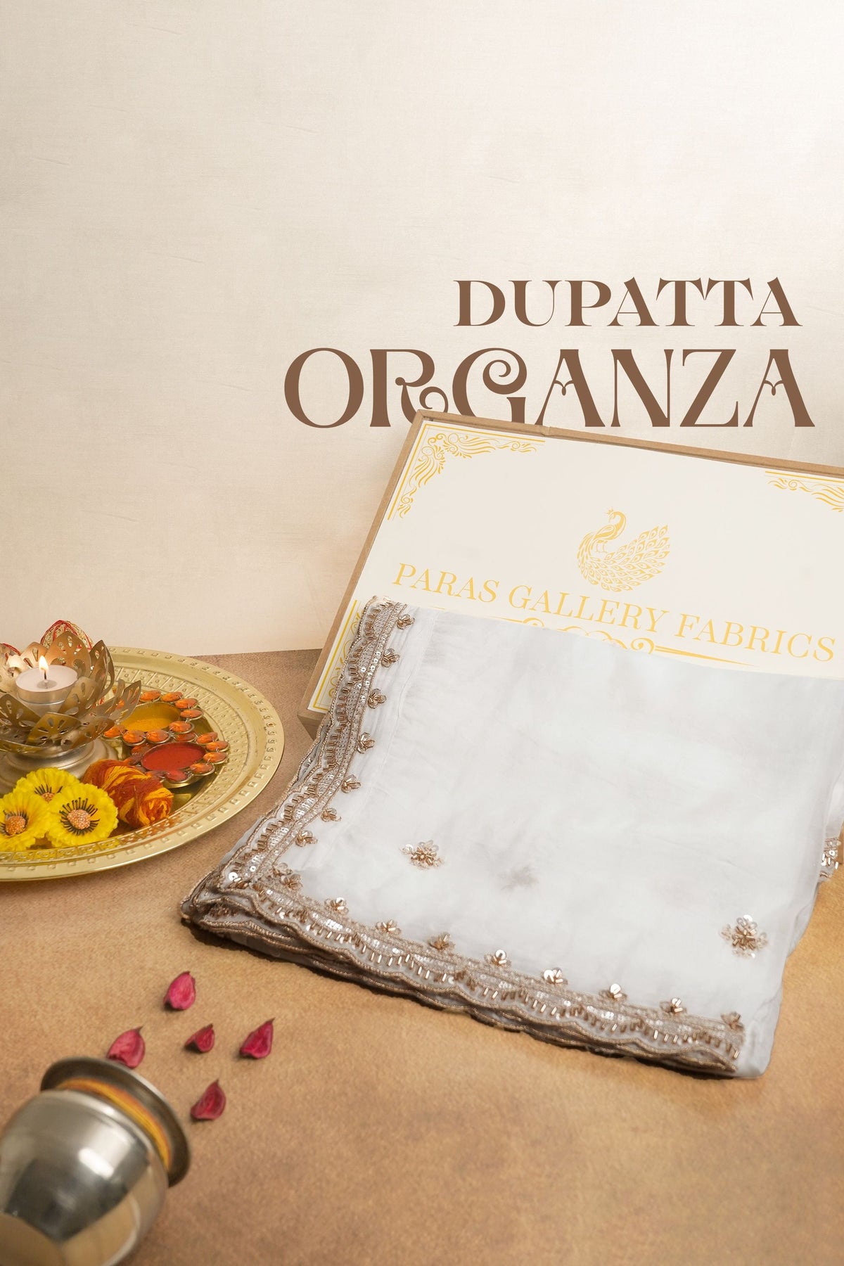 White Dyeable Organza Dupatta All Over Zari, Sequins And Katdana Work 22363