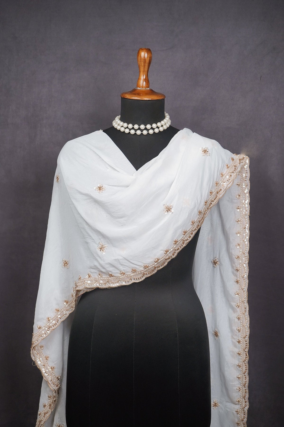 White Dyeable Organza Dupatta All Over Zari, Sequins And Katdana Work 22363