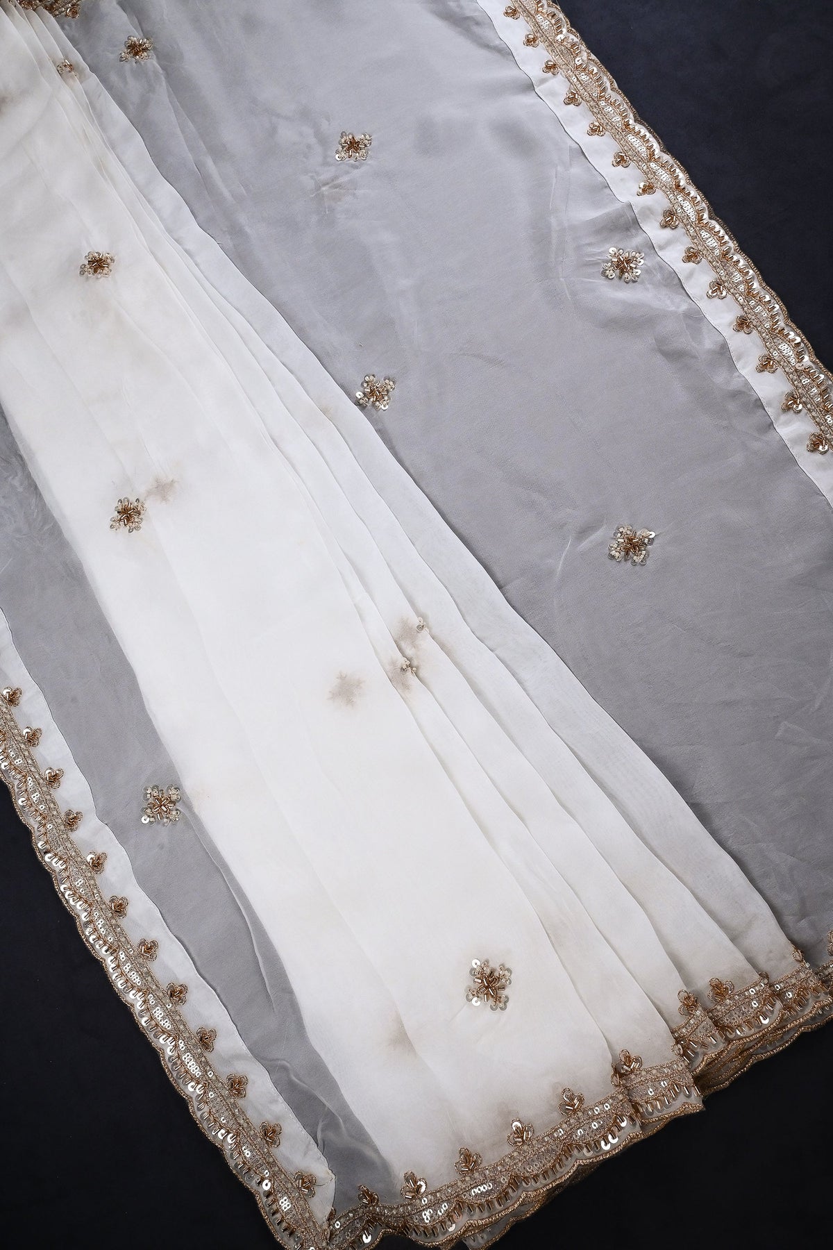 White Dyeable Organza Dupatta All Over Zari, Sequins And Katdana Work 22363