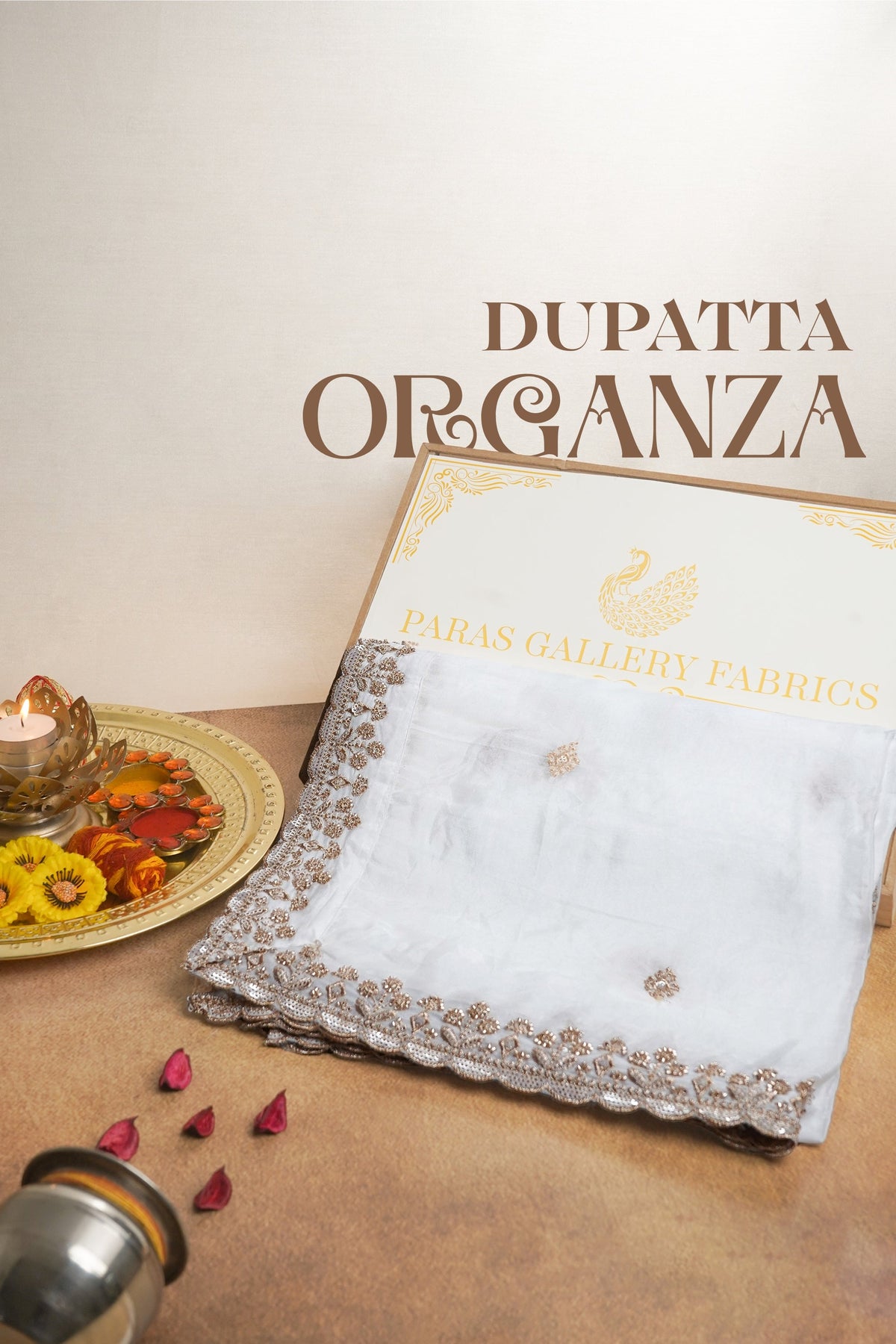 White Dyeable Organza Dupatta All Over Zari, Sequins And Katdana Work 22367