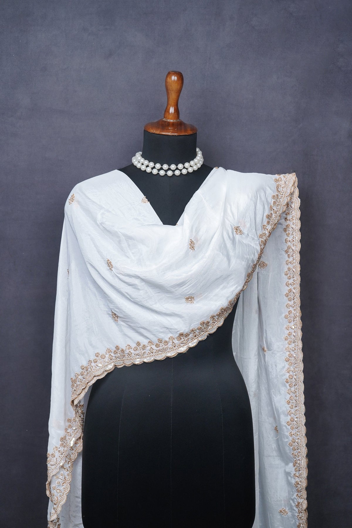 White Dyeable Organza Dupatta All Over Zari, Sequins And Katdana Work 22367