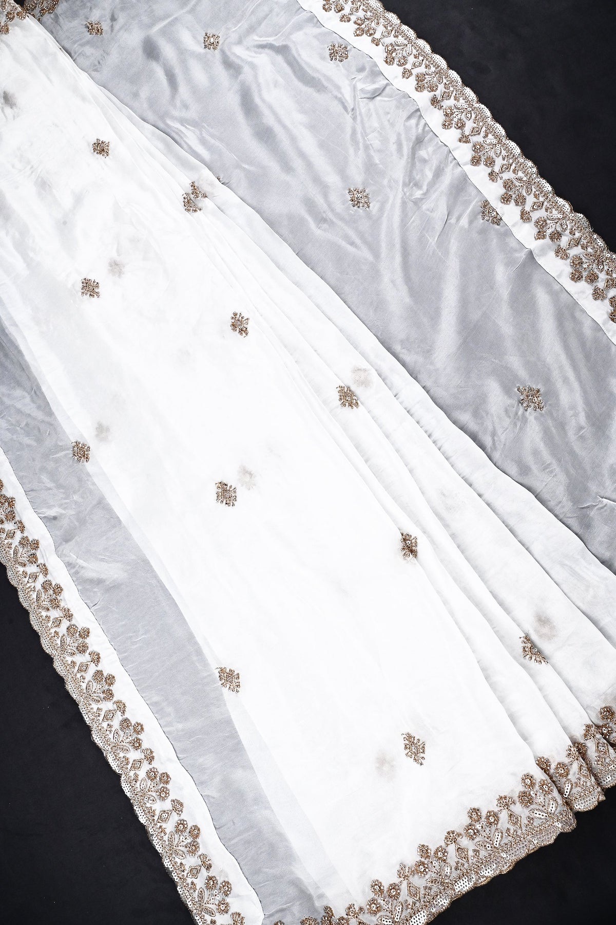White Dyeable Organza Dupatta All Over Zari, Sequins And Katdana Work 22367