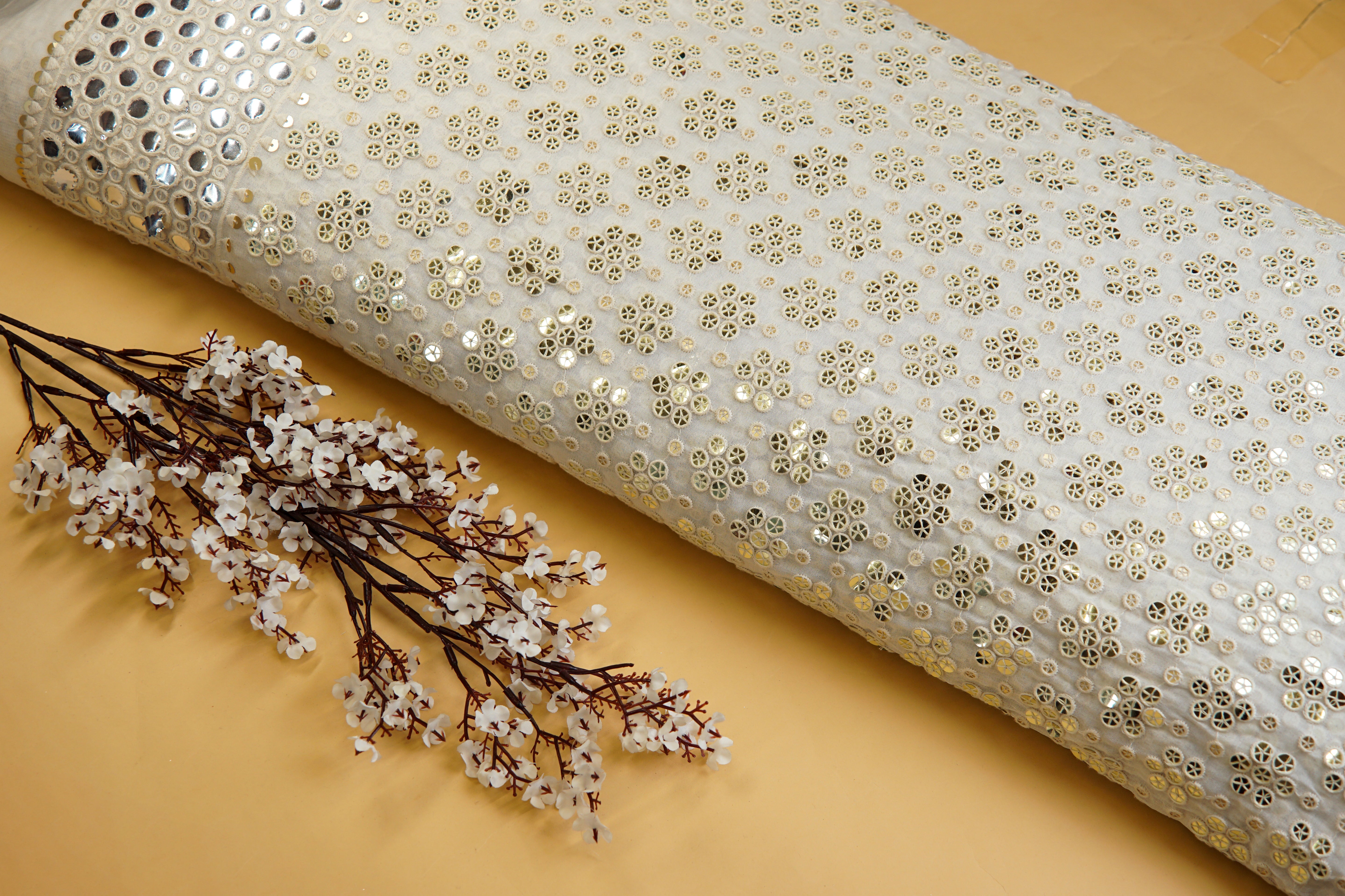 Floral Pattern Golden Sequins With Faux Mirror And Matt Sequins Border Georgette Fabric