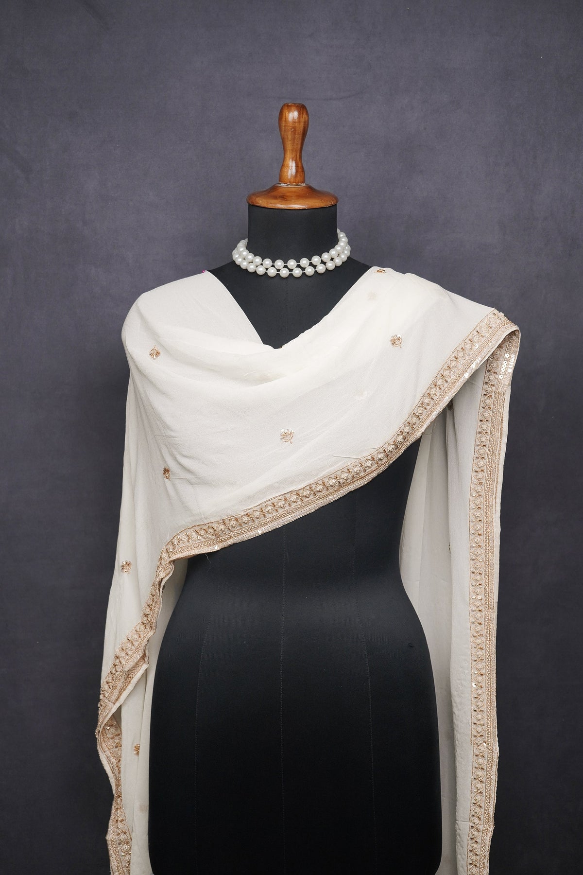 White Dyeable Georgette Dupatta All Over Zari, Sequins And Katdana Work 22373