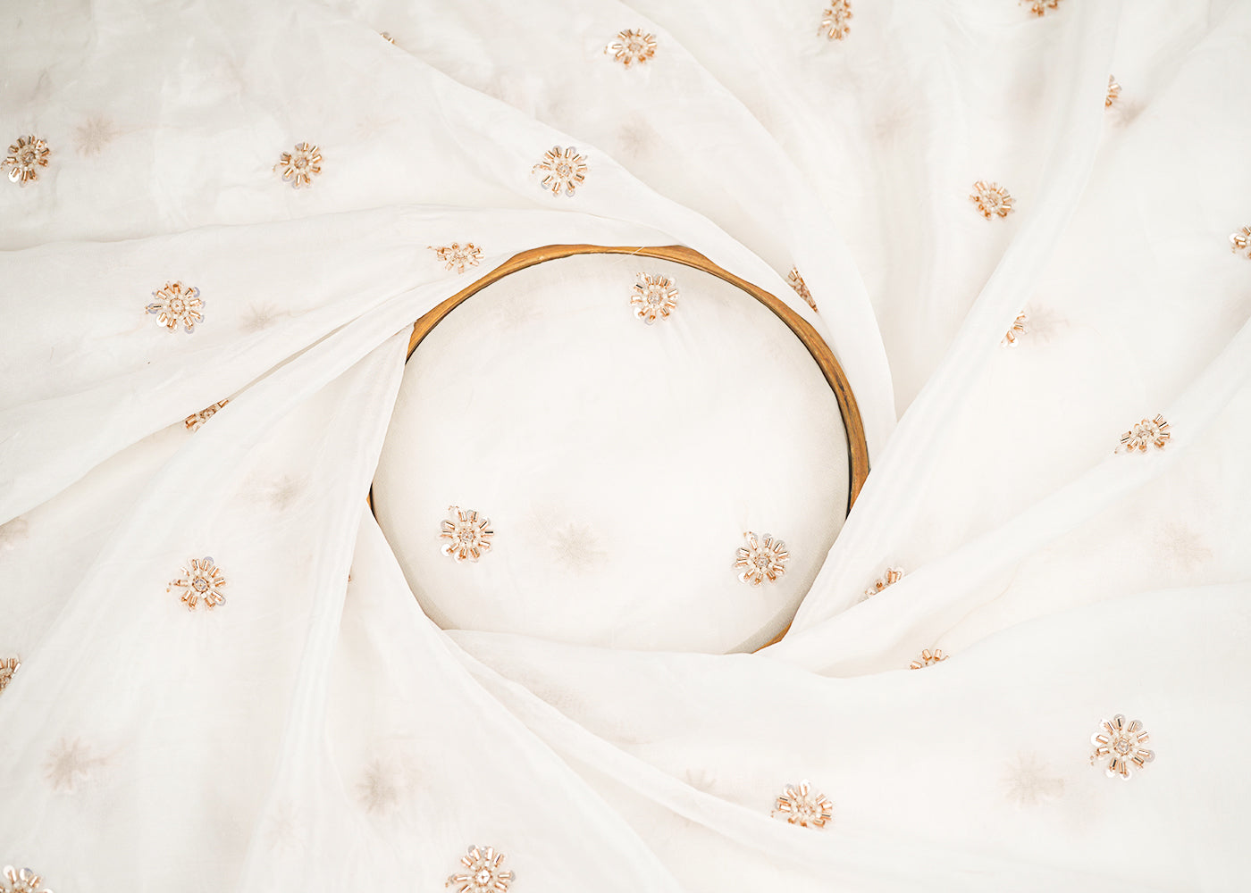 White Organza Fabric With All Over Sequins And Katdana 22375