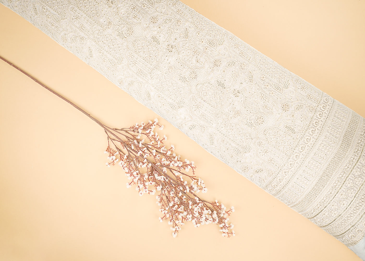 White Dyeable Georgette Fabric With All Over Thread And Sequins Work With One Side Border 22380