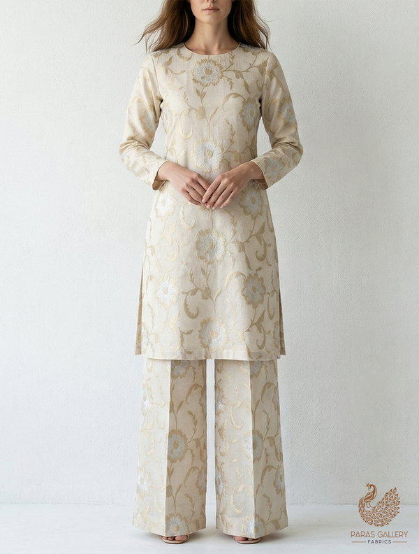 White Dyeable Chanderi Fabric With All Over Zari Handloom 22389