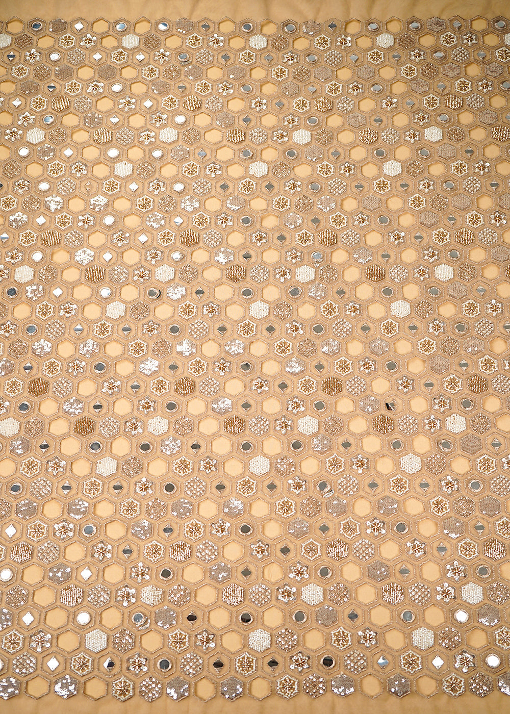 Golden-Imported-Net-Fabric-With-Allover-Zari,-Sequins,-Katdana,-Faux-Mirror-And-Cut-Work-22394-work-view