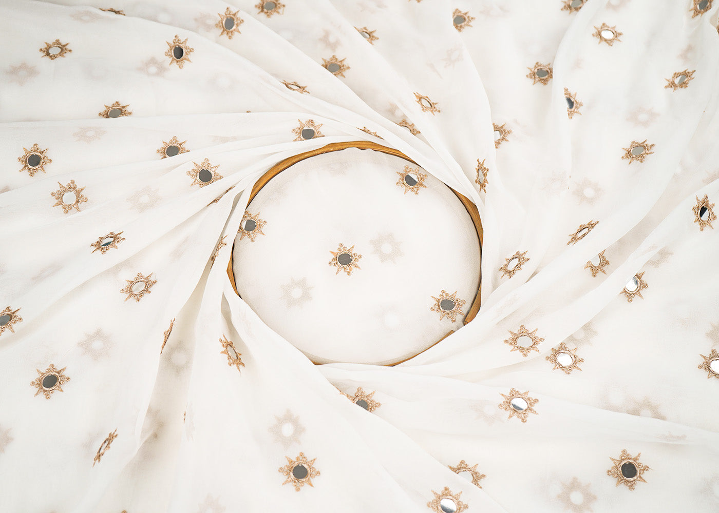 White-Georgette-Fabric-With-All-Over-Buti-Of-Golden-Zari-And-Faux-Mirror-Work-22409-close-view