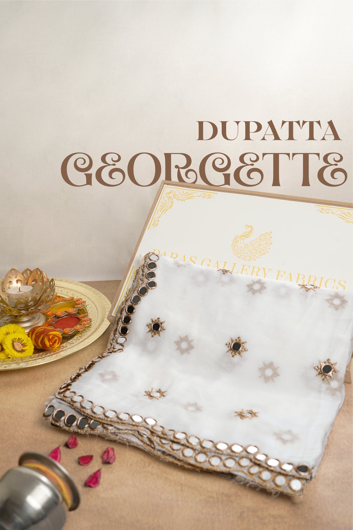 White Dyeable Georgette Dupatta With All Over Zari And Faux Mirror Work 22410