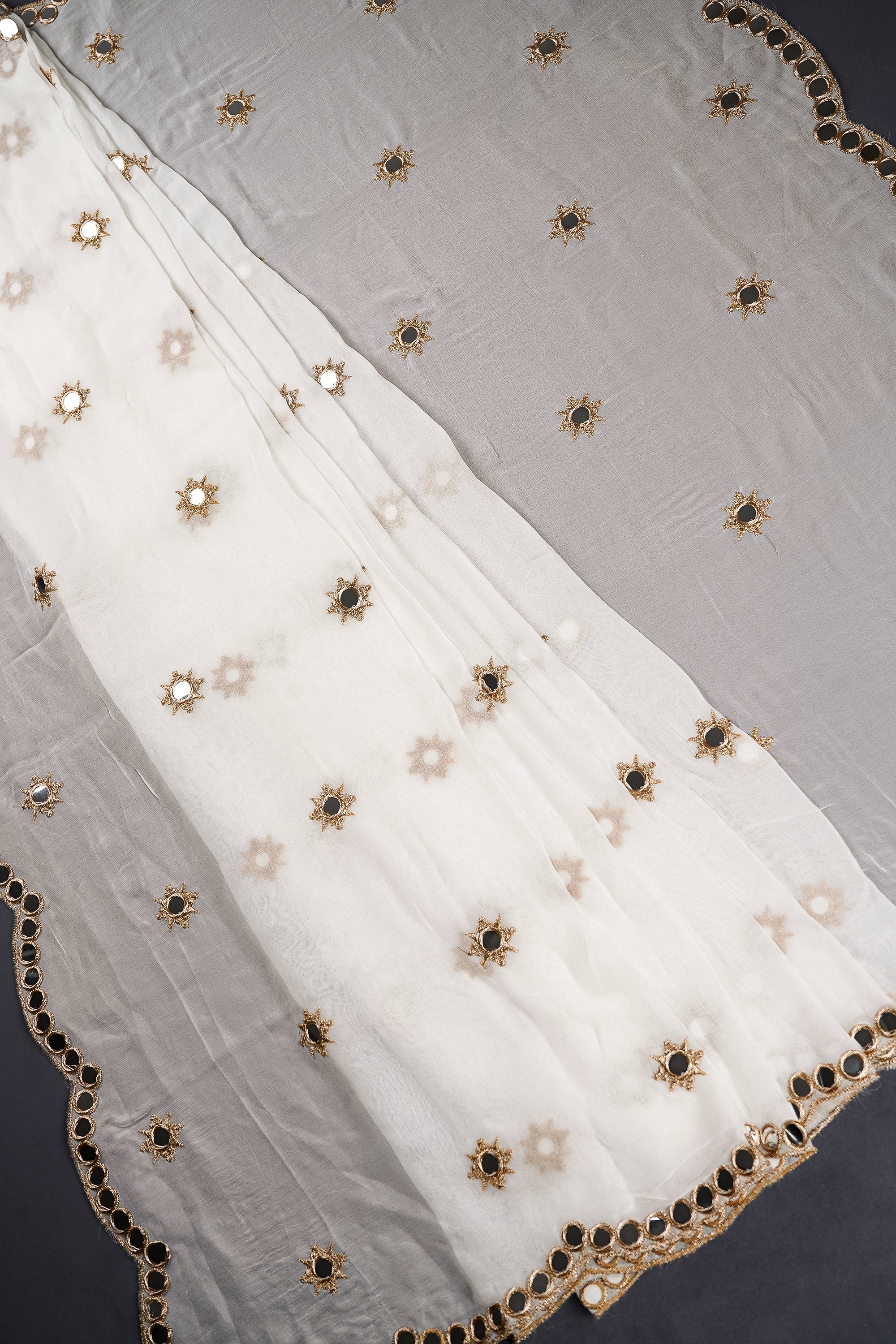 White Dyeable Georgette Dupatta With All Over Zari And Faux Mirror Work 22410