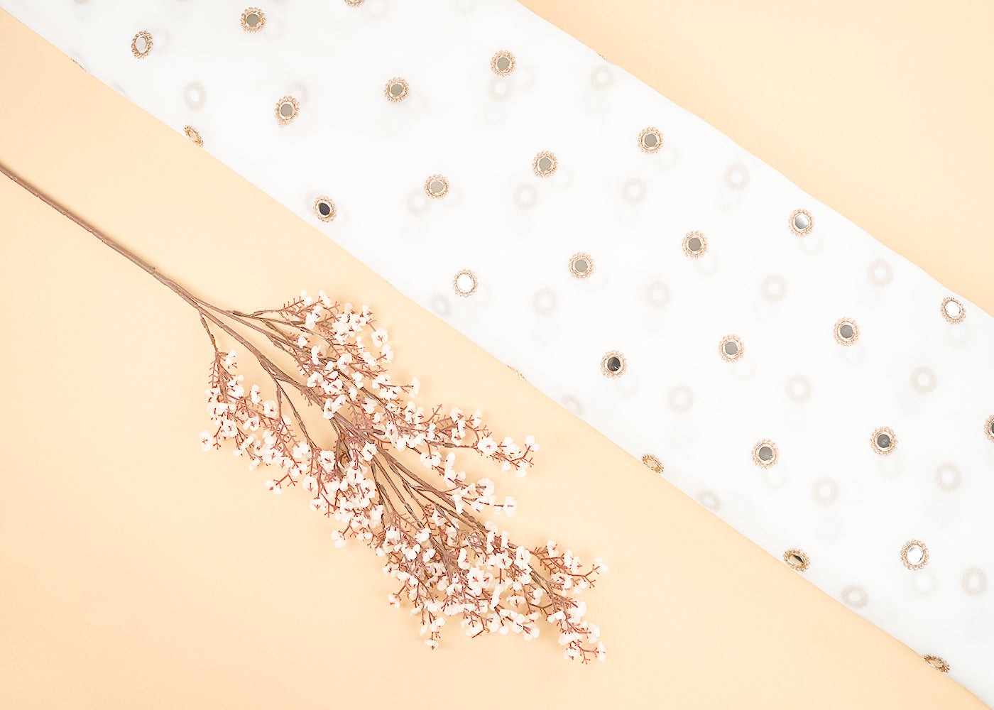 White-Georgette-Fabric-With-All-Over-Buti-Of-Golden-Zari-And-Faux-Mirror-Work-22411