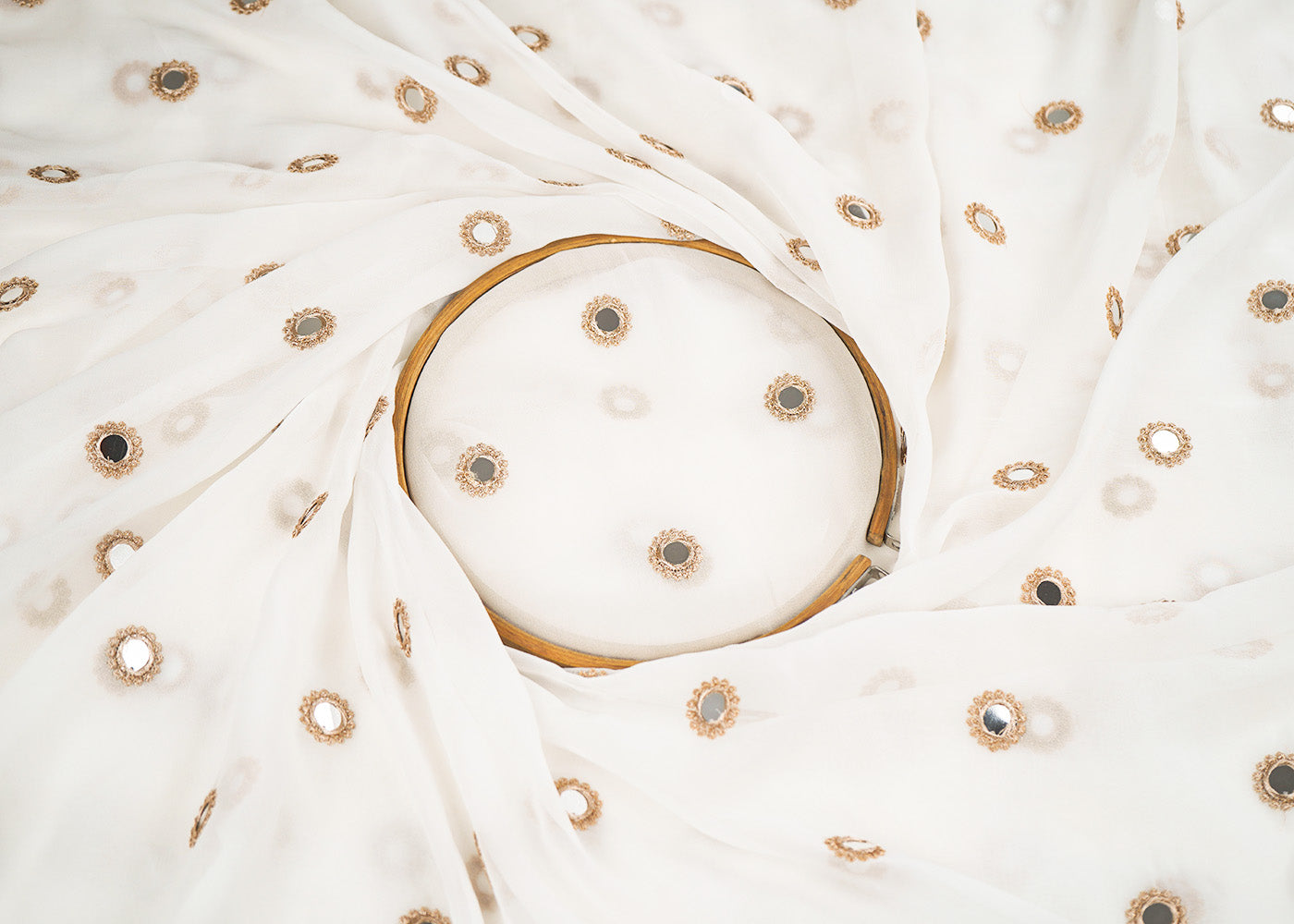 White-Georgette-Fabric-With-All-Over-Buti-Of-Golden-Zari-And-Faux-Mirror-Work-22411-close-view