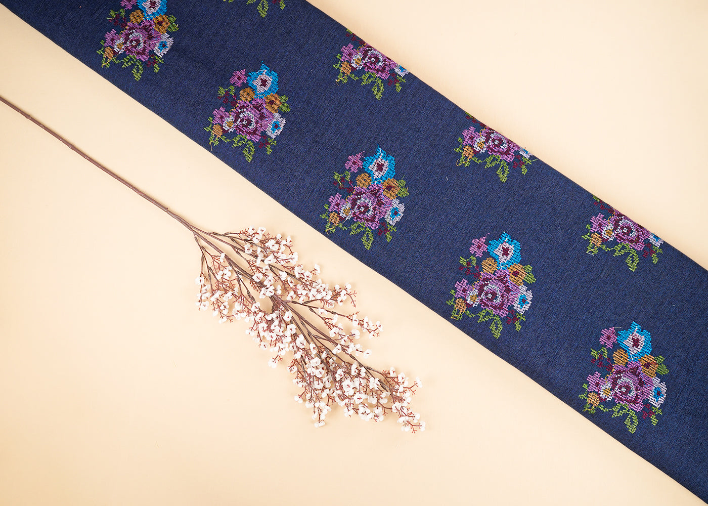 Light Blue Denim Fabric With All Over Multi Color Thread Work 22415