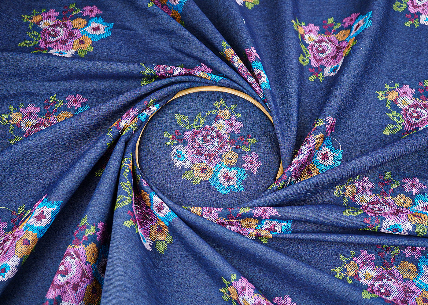 Light Blue Denim Fabric With All Over Multi Color Thread Work 22415