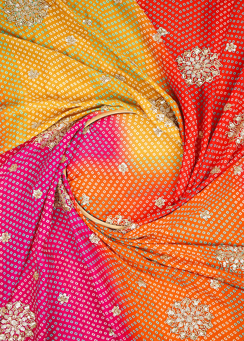 Multi Color Chinon Chiffon Fabric With All Over Bandhani Print, Bead, Sequins And Katdana Work 22417