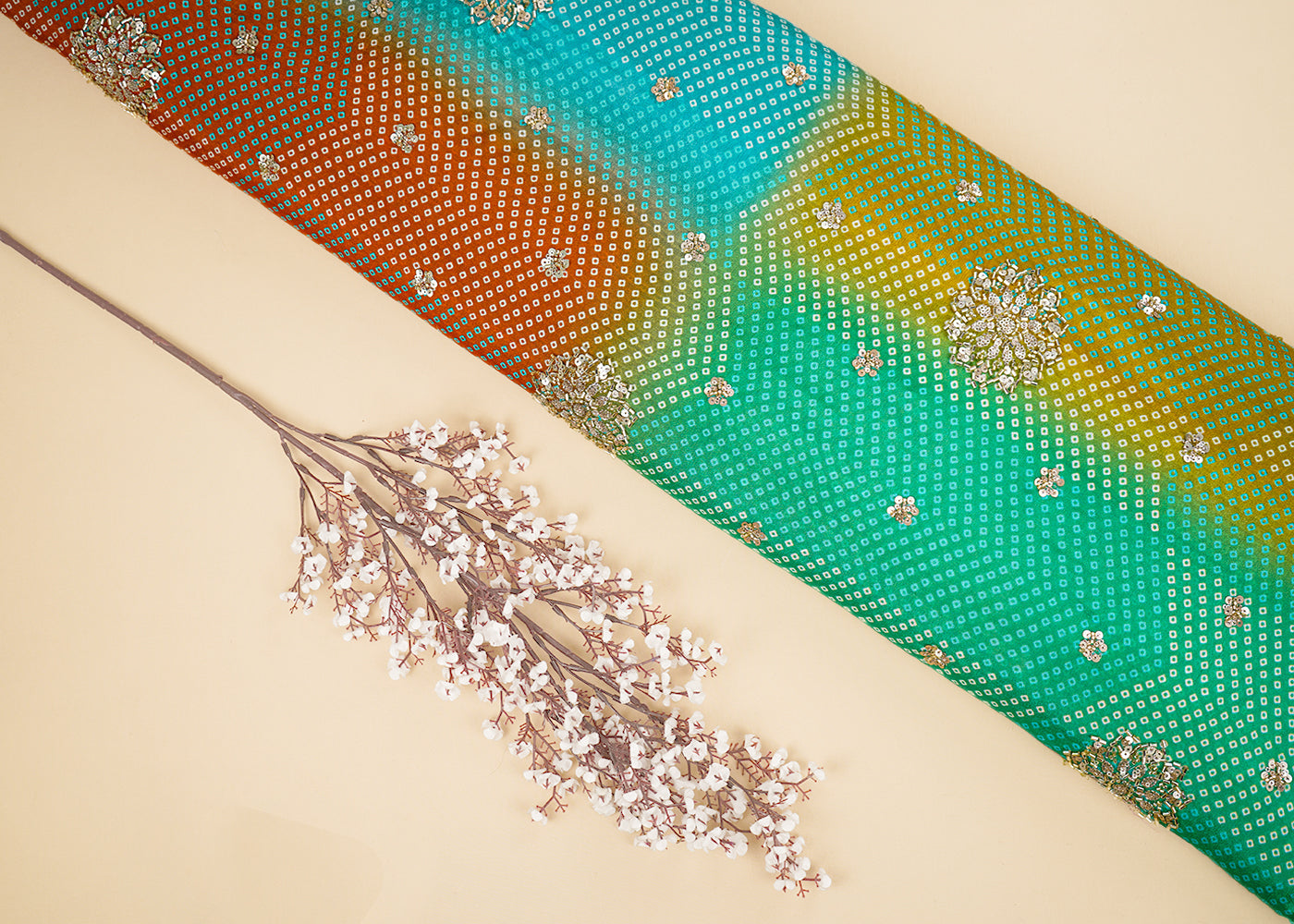 Multi Color Chinon Chiffon Fabric With All Over Bandhani Print, Bead, Sequins And Katdana Work 22418