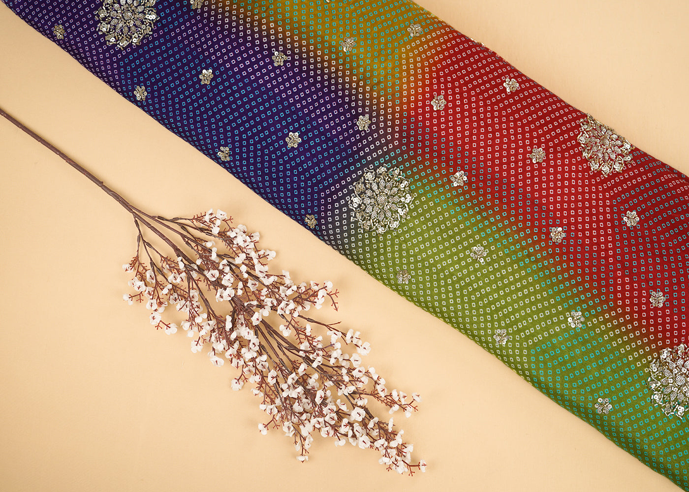 Multi Color Chinon Chiffon Fabric With All Over Bandhani Print, Bead, Sequins And Katdana Work 22419