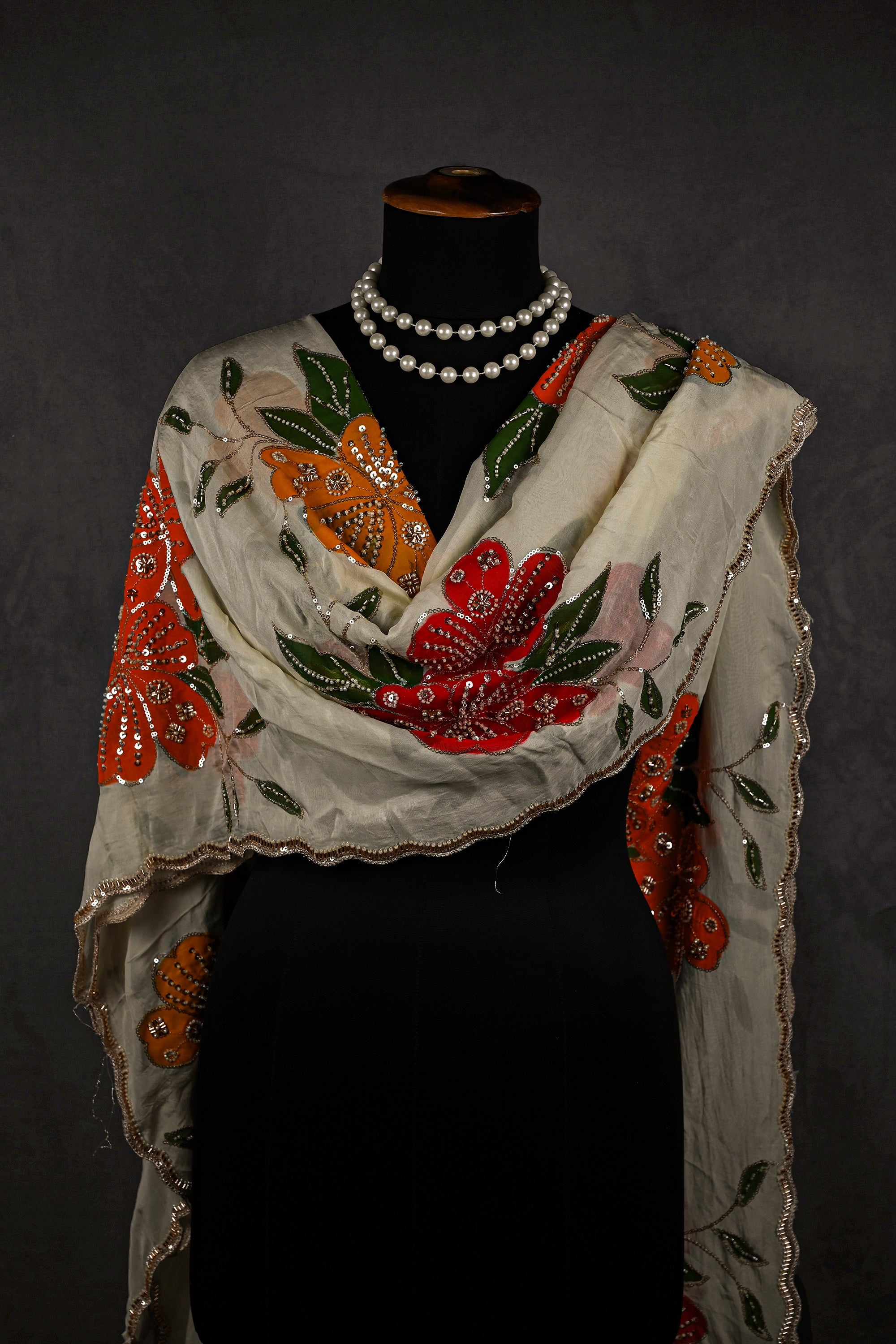 Multi Color Organza Dupatta With All Over Floral Print, Sequins, Bead And Katdana Work 22428