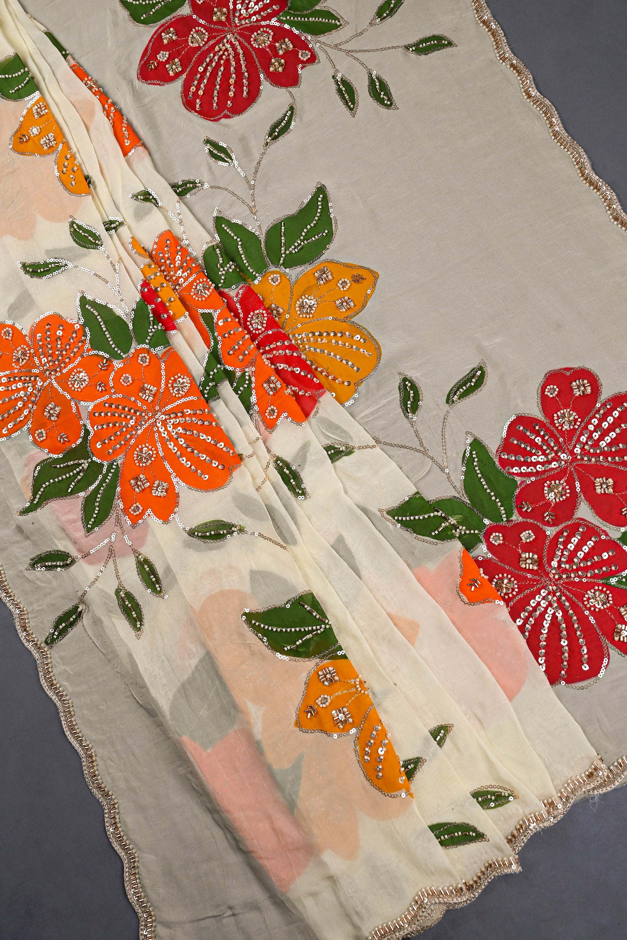 Multi Color Organza Dupatta With All Over Floral Print, Sequins, Bead And Katdana Work 22428